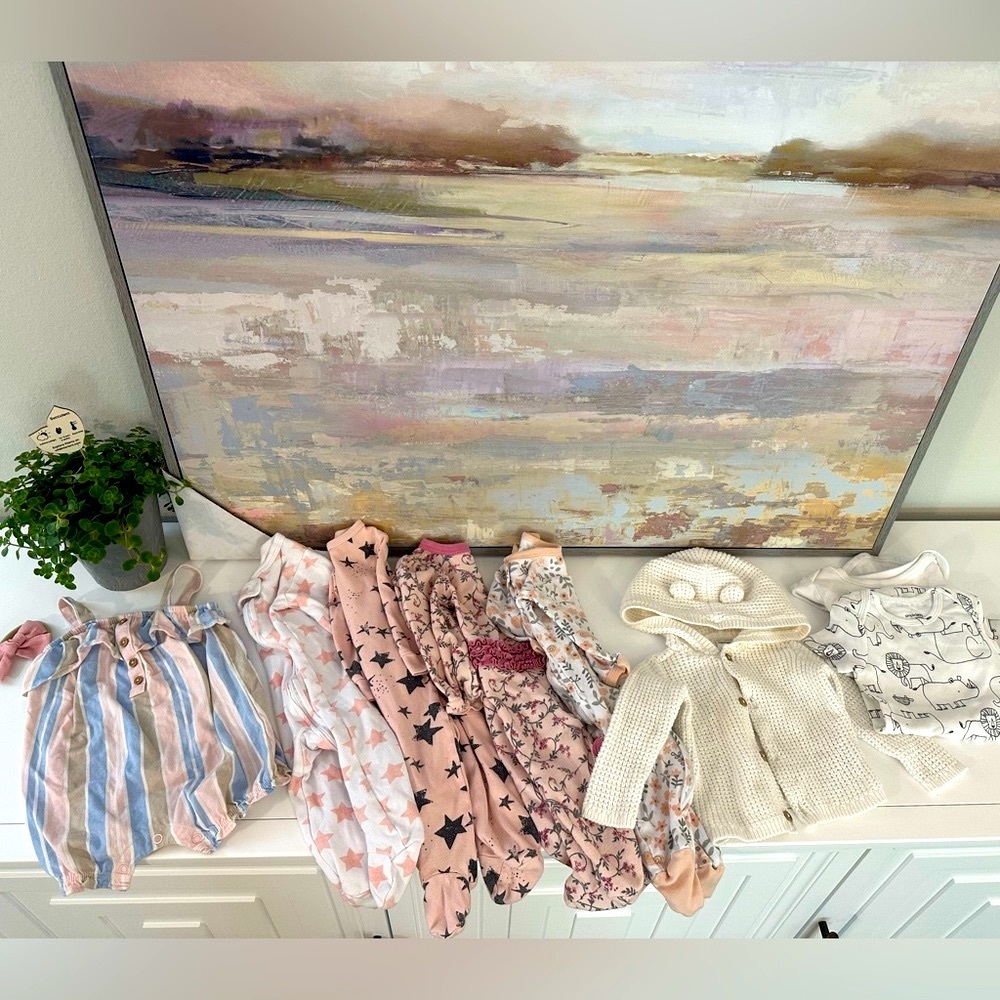 Like new 6 month baby girl outfit bundle jumpsuit, zip up onesie footie pajamas